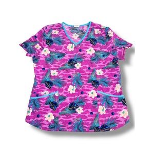 Jurassic World Dominion Women's XL/XG Scrub Top Pink‎ Floral Dinosaur